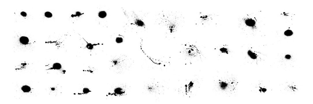 Vector collection of black spray paint splatters, aerosol mist drops, grunge ink blots, and messy drip textures isolated on a white background for urban art design.
