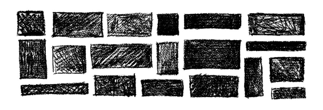 Black hand drawn vector blocks and rectangular scribble shapes with rough grunge texture, dense hatching and sketchy strokes, isolated on white for highlights and design accents.