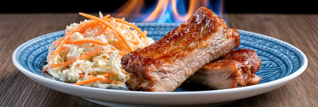 Delicious BBQ ribs with fresh coleslaw served on a blue patterned plate with flames in the background.