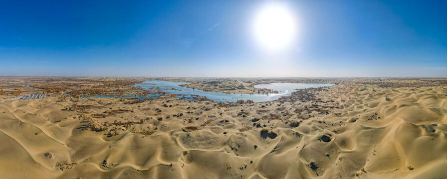 Aerial View of Desert Lake and Populus Euphratica Forest in Tarim River Basin, Yuli, Xinjiang, China