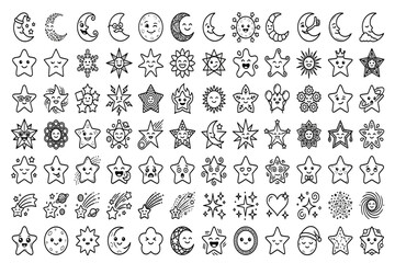 Obraz premium Set of cute hand drawn moon and star icons with collection