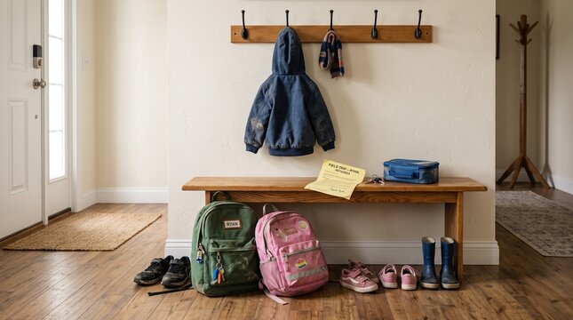 School rush entryway with backpacks, shoes and forgotten form