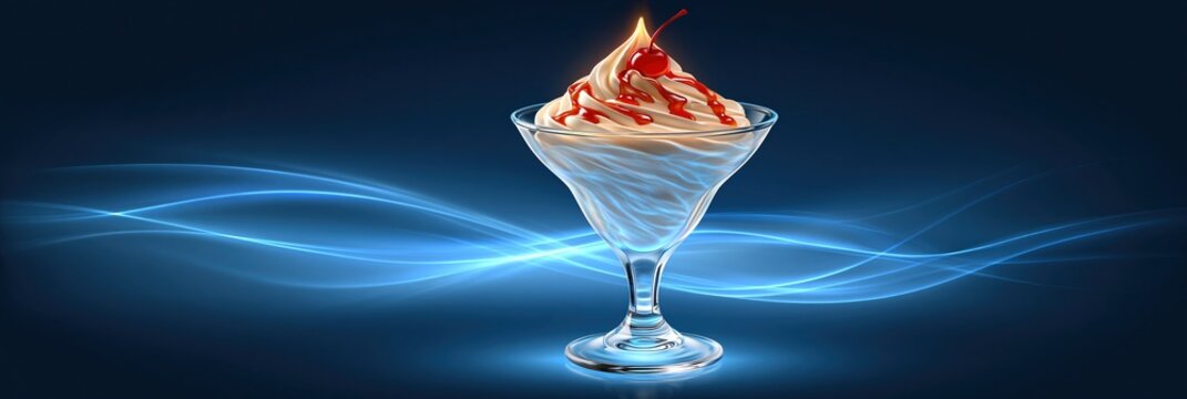 Delicious ice cream sundae with cherry and syrup in a glass, set against a futuristic blue light background.