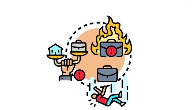 Person experiencing heavy workload and work life imbalance, leading to professional burnout, exhaustion, and job stress, with a briefcase on fire representing overload