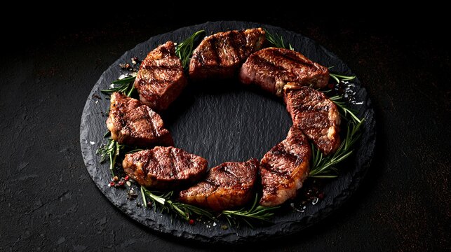A circular steakhouse concept where steaks form a complete ring around empty center copy space designed for commercial branding