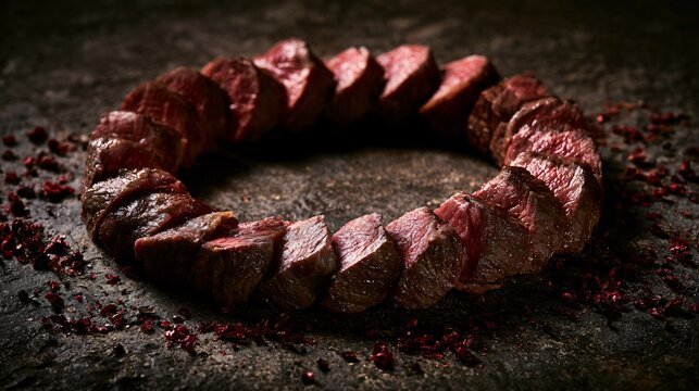 A circular steakhouse concept where steaks form a complete ring around empty center copy space designed for commercial branding
