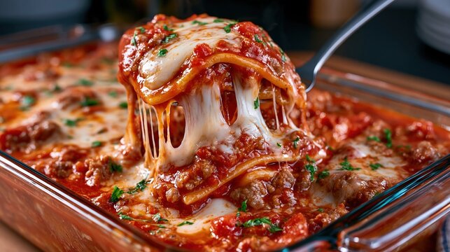 Delicious Lasagna with Melty Cheese Being Served from a Baking Dish