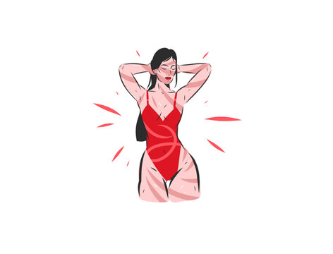 Strong Confident Woman in Red Bodysuit, Female Empowerment, Self Love, Positive Mindset, Body Confidence, Emotional Wellness, Inner Strength and Mental Health Vector Illustration