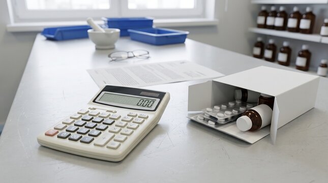 Desktop calculator with open generic drug box beside dosing conversion chart