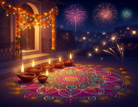 Diwali Celebration With Colorful Rangoli, Lit Diyas, Marigold Garlands And Fireworks At Night