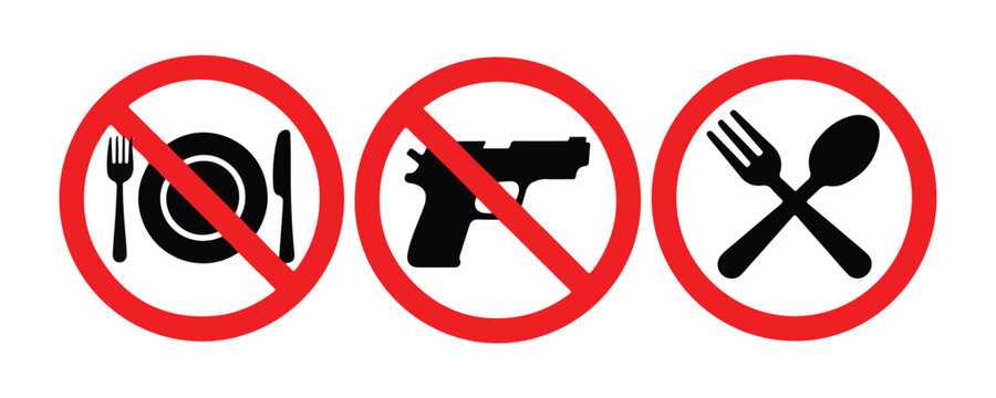 No weapons and no food sign collection with pistol handgun and dining cutlery in red circle icons.