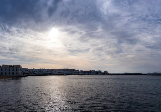 Mykonos town and beach on gloomy winter day