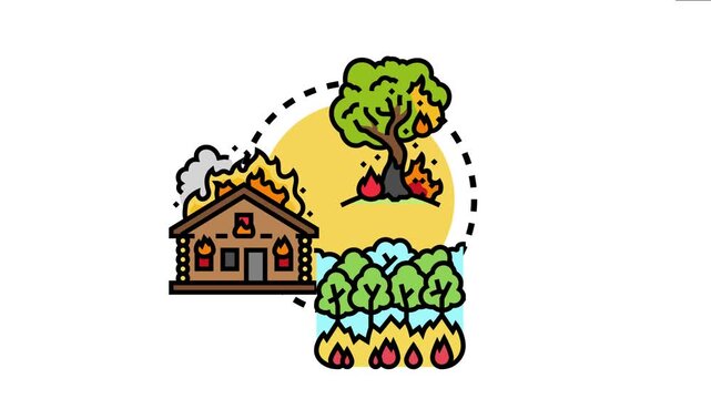 Wildfire concept nature forest and house burning, representing environmental disaster, climate change, and global warming consequences