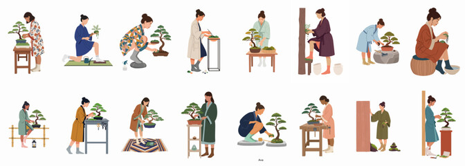 Fototapeta premium A collection of minimalist illustrations depicting diverse women meticulously caring for, pruning, and cultivating various bonsai trees in a serene, artistic setting.