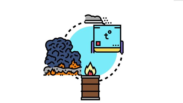 Burning junk waste materials in a barrel and in an open pile, creating smoke and a disposal process with a temperature gauge