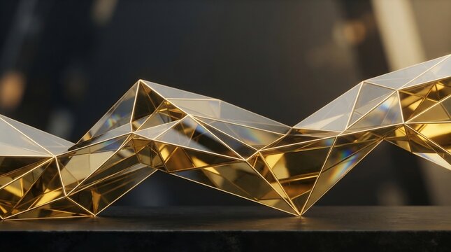 Abstract geometric crystal structure with golden reflections and light refractions