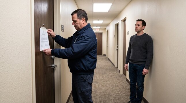 Code notice posted on rental door in apartment corridor