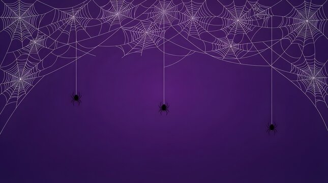 A dark purple halloween background featuring a decorative border of intricate white spider webs and hanging spiders perfect for seasonal party invitations and festive digital