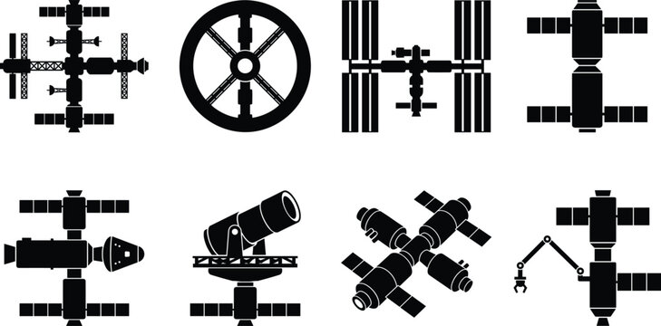 Silhouette Collection of Space Stations and Telescopes Representing Orbital Science and Exploration Concepts