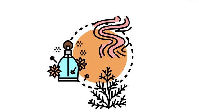 Burning incense fragrance generating comforting aromatherapy smoke. Surrounding a delicate perfume bottle with aromatic star anise. Cloves. And an evergreen branch