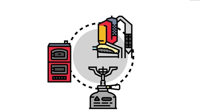 Illustrating various methods and applications for generating heat and power by combusting different types of fuel, from industrial plants to domestic stoves and portable camping equipment