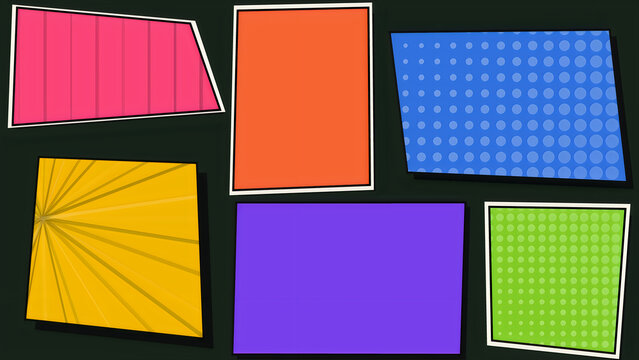 Colorful comic book page template with blank speech bubble panels for graphic design