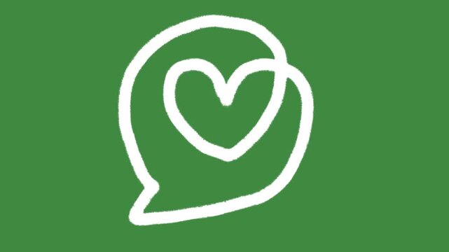 Speech bubble heart love social media feedback hand-drawn cartoon graphic with chalk outline heart message icon and creative communication symbol isolated on green screen background.