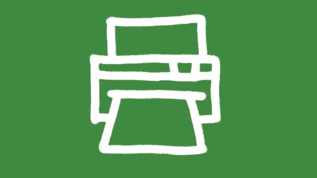 Printer document output office hardware hand-drawn cartoon graphic with chalk outline printer icon and creative document printing symbol isolated on green screen background.