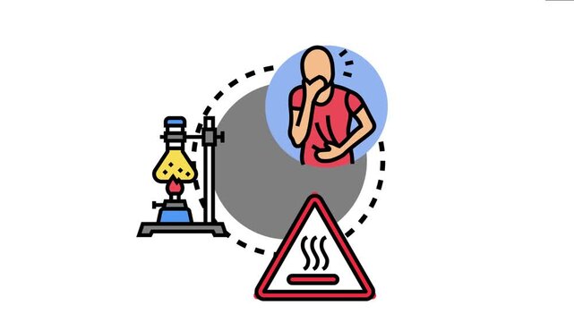 Person experiencing discomfort from gas or chemical fumes during a burning chemical reaction in a laboratory setup, emphasizing health and safety risks