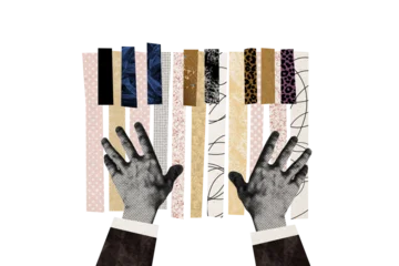 Fototapete Sportgeschäft Composite photo collage of male hands piano player keyboard musician artist concert hobby entertainment isolated on painted background  © deagreez