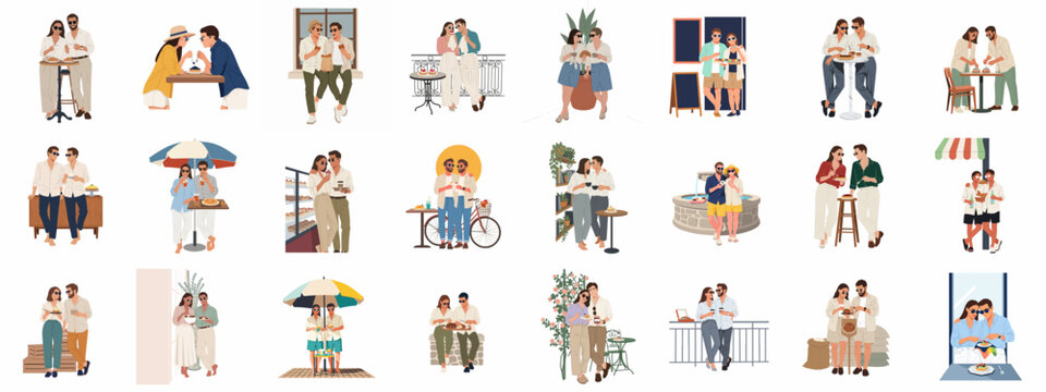 Collection of diverse minimalist vector illustrations featuring couples enjoying leisure activities like dining, traveling, and socializing in various urban and vacation settings.
