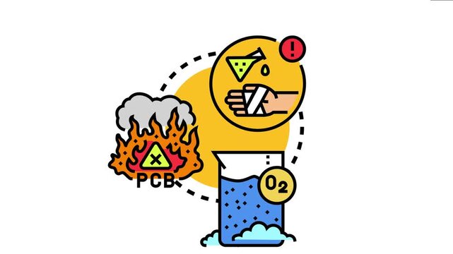 Chemical reaction concept a burning fire symbol with pcb, oxygen beaker, and a bandaged hand suffering a chemical burn, depicting laboratory safety risks