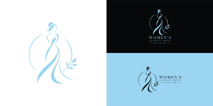 An elegant, light blue line-art logo depicting a faceless woman in a sweeping dress with a hair bun, encircled by a ring and framed by a leafy sprig. Perfect for fashion events.