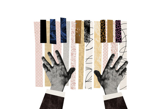 Composite photo collage of male hands piano player keyboard musician artist concert hobby entertainment isolated on painted background
