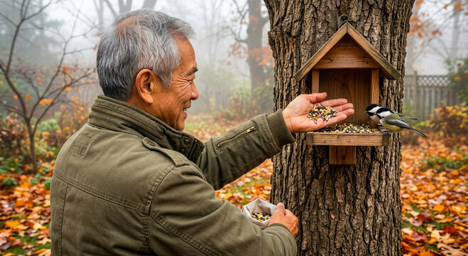 Elderly asian man feeding small bird from hand at wooden bird feeder on tree in autumn garden. Retirement hobby and harmony with nature concept. Tranquil outdoor lifestyle in fall season