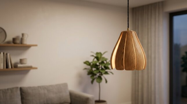 Modern wooden pendant lamp illuminating a cozy living room interior
