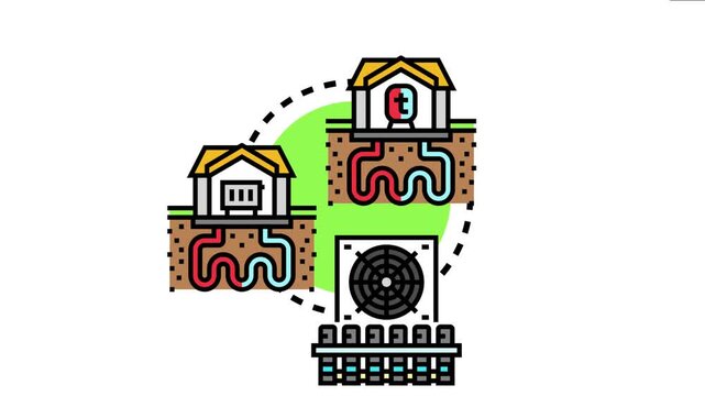 Geothermal heating and cooling system scheme facilitating temperature exchange with underground loops, providing eco friendly energy from the earth to buildings and residential homes