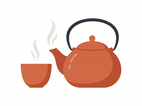 Red ceramic teapot with matching cup pouring hot tea steam isolated on white background