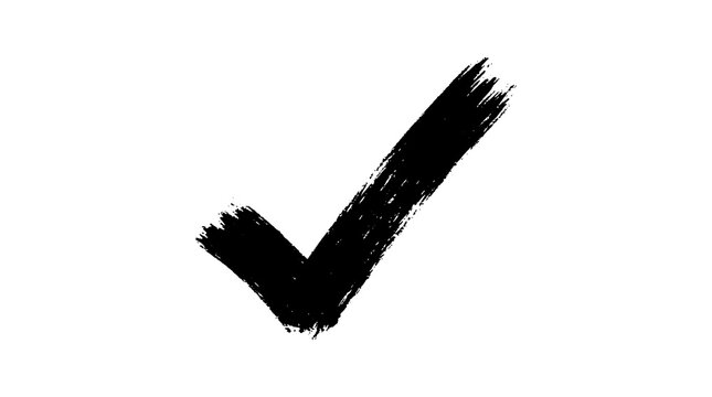 Hand drawn black check mark silhouette on a white background representing confirmation and positive affirmation with a rough texture