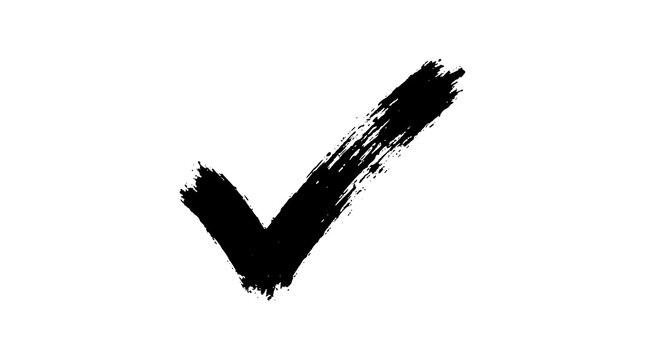 Hand drawn black check mark silhouette on a white background representing confirmation and positive affirmation for design projects