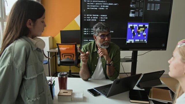 Middle aged South Asian male teacher explaining coding to two teenage girls in STEM classroom. Footage is suitable for promoting youth technology education and coding bootcamps