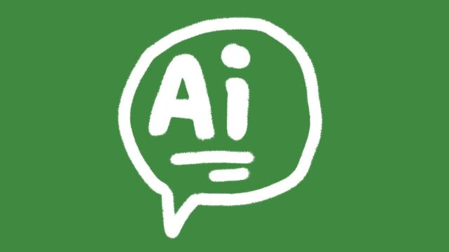 Speech bubble artificial intelligence AI assistant hand-drawn cartoon graphic with chalk outline AI chatbot icon and creative machine learning symbol isolated on green screen background.