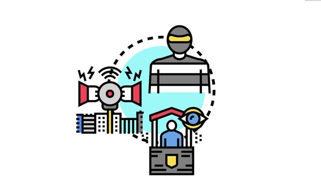 Thief figure hovering above alarm siren, security booth, and monitoring eye, modern property protection, home security, and crime prevention measures