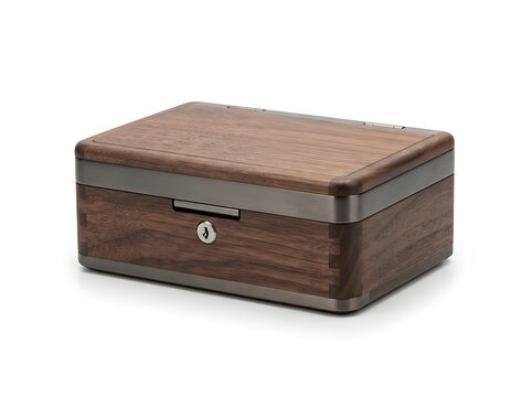 Wooden keepsake box with metal trim and a secure lock isolated on white background