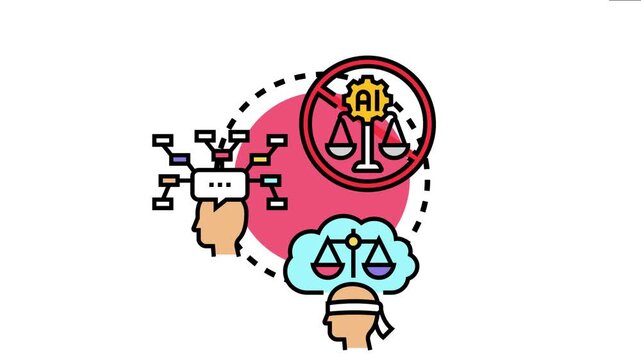Head with connected thoughts evaluating evidence, while a blindfolded figure considers justice scales, highlighting human decision making over artificial intelligence in judgment