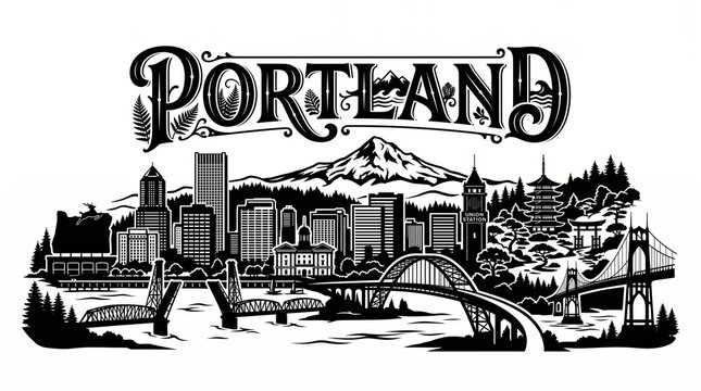 Highly detailed Portland, Oregon skyline silhouette featuring iconic bridges, Union Station clock tower, Pioneer Courthouse, waterfront architecture and Mount Hood with elegant PORTLAND lettering.