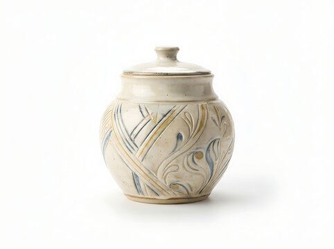 Handcrafted ceramic stoneware jar with lid and embossed floral pattern on white