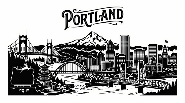 Highly detailed Portland, Oregon skyline silhouette featuring iconic bridges, Union Station clock tower, Pioneer Courthouse, waterfront architecture and Mount Hood with elegant PORTLAND lettering.