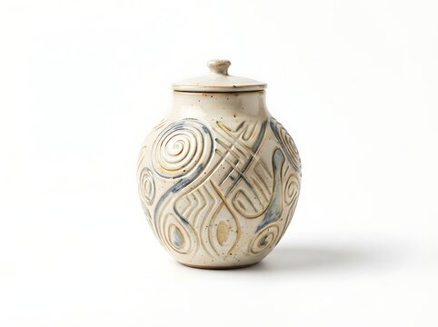 Handcrafted ceramic jar with lid and textured tribal patterns on white background