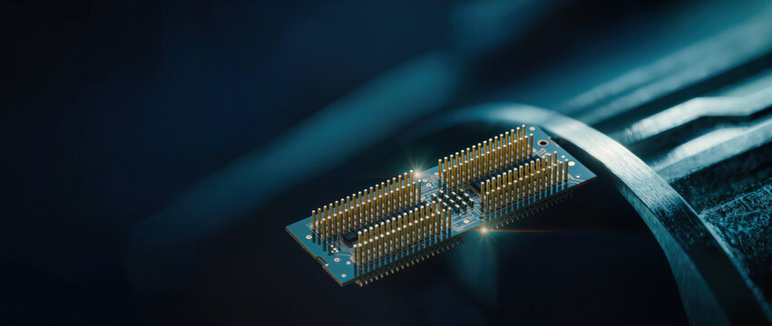 Fiber optic stream beside microprocessor pin array under blue light